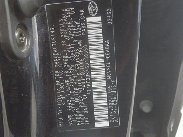 4T1BF30K45U100950 - 2005 TOYOTA CAMRY LE შავი ფოტო 10