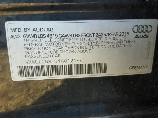 WAULC68E64A012156 - 2004 AUDI A4 1.8T QU BLACK photo 10