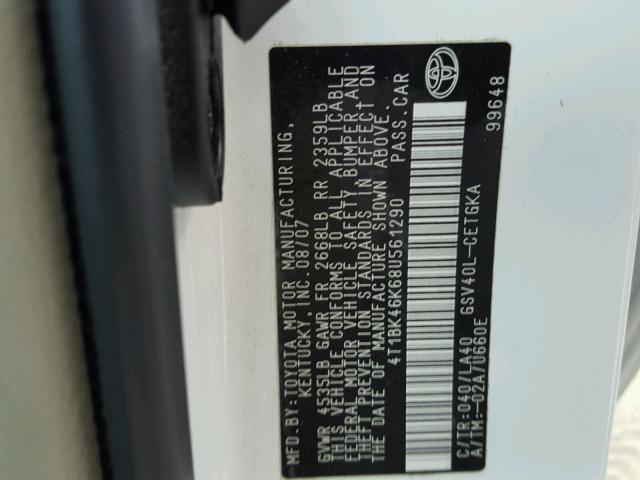 4T1BK46K68U561290 - 2008 TOYOTA CAMRY LE 白色 照片 10