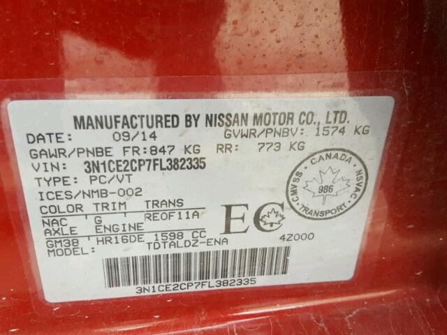 3N1CE2CP7FL382335 - 2015 NISSAN VERSA NOTE RED photo 10