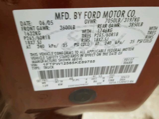 1FTPW12585KE89755 - 2005 FORD F150 SUPER BROWN photo 10