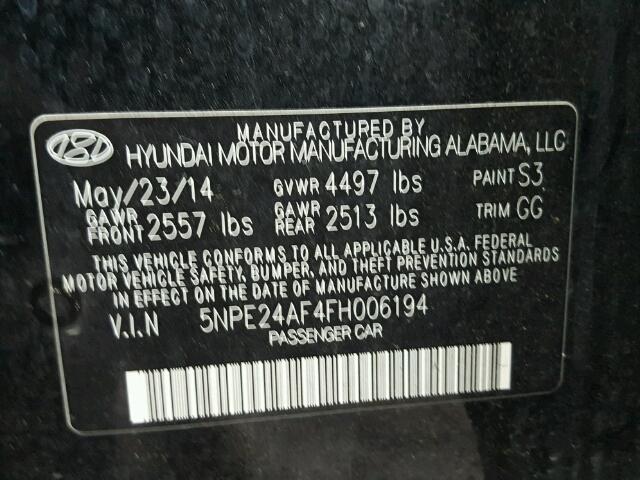 5NPE24AF4FH006194 - 2015 HYUNDAI SONATA SE BLACK photo 10