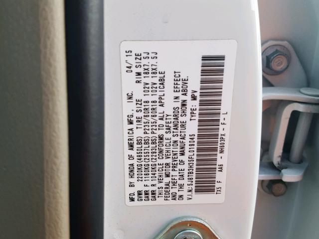 5J8TB3H35FL019045 - 2015 ACURA RDX BASE WHITE photo 10