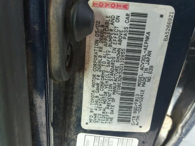 JTDBE32K520112855 - 2002 TOYOTA CAMRY LE 蓝色 照片 10