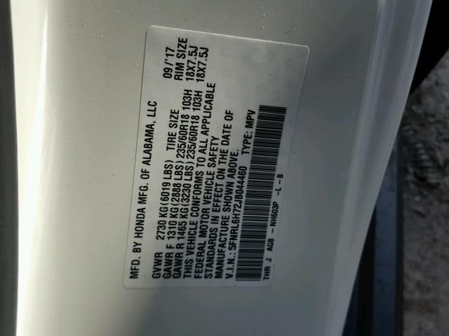 5FNRL6H72JB044460 - 2018 HONDA ODYSSEY EX WHITE photo 10