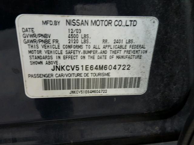 JNKCV51E64M604722 - 2004 INFINITI G35 BLUE photo 10