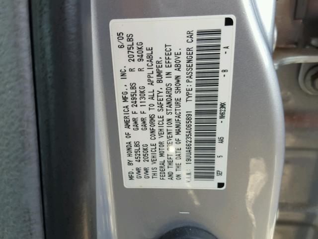 19UUA66235A065891 - 2005 ACURA TL SILVER photo 10