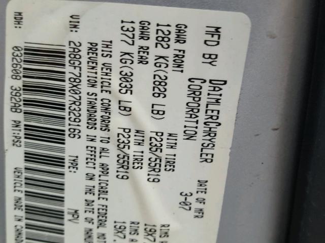 2A8GF78X07R329166 - 2007 CHRYSLER PACIFICA L ვერცხლისფერი ფოტო 10