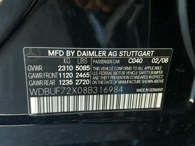 WDBUF72X08B316984 - 2008 MERCEDES-BENZ E 550 BLACK photo 10