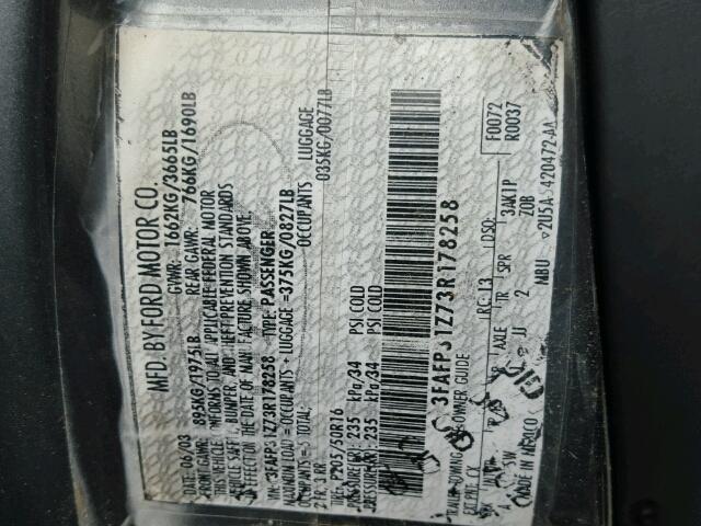 3FAFP31Z73R178258 - 2003 FORD FOCUS ZX3 GRAY photo 10