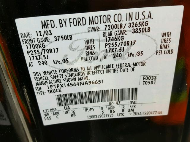 1FTPX14544NA96651 - 2004 FORD F150 BLACK photo 10