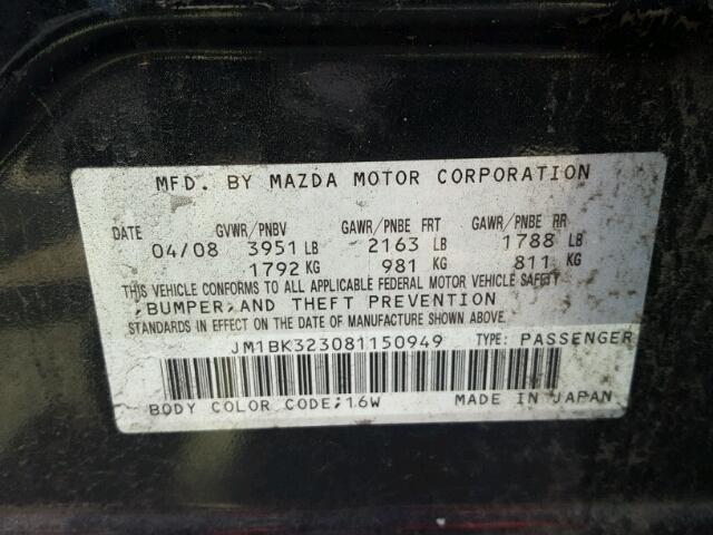 JM1BK323081150949 - 2008 MAZDA 3 S BLACK photo 10