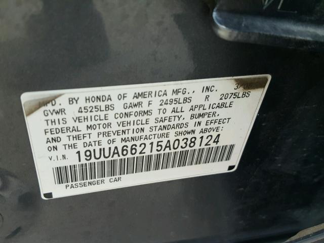 19UUA66215A038124 - 2005 ACURA TL GRAY photo 10