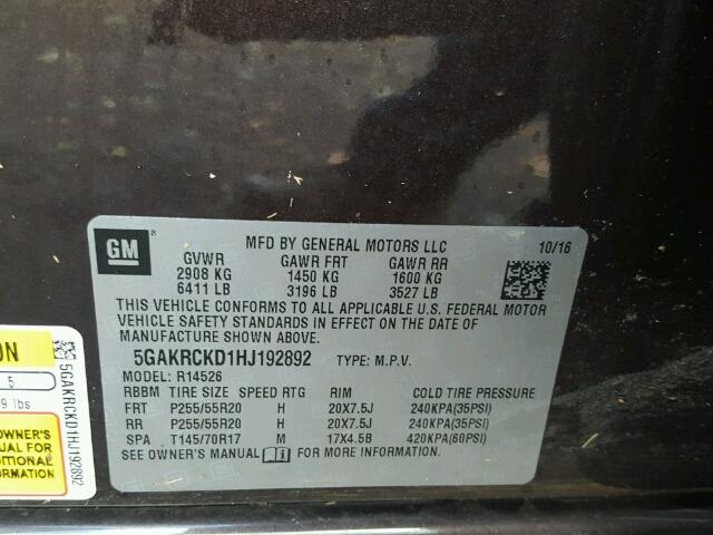 5GAKRCKD1HJ192892 - 2017 BUICK ENCLAVE ბურგუნდია ფოტო 10