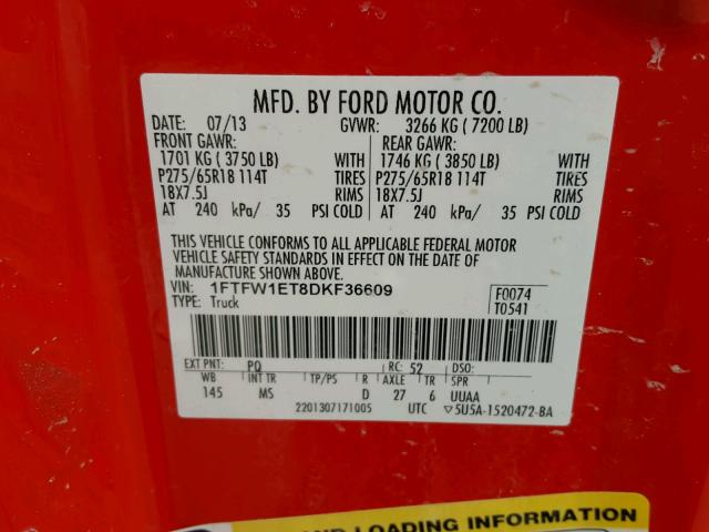 1FTFW1ET8DKF36609 - 2013 FORD F150 SUPER RED photo 10