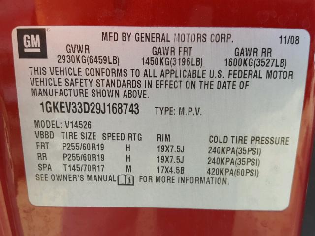 1GKEV33D29J168743 - 2009 GMC ACADIA SLT წითელი ფოტო 10