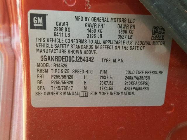 5GAKRDED0CJ254342 - 2012 BUICK ENCLAVE RED photo 10
