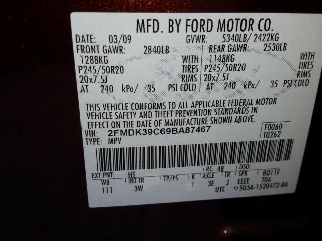 2FMDK39C69BA87467 - 2009 FORD EDGE LIMIT BURGUNDY photo 10