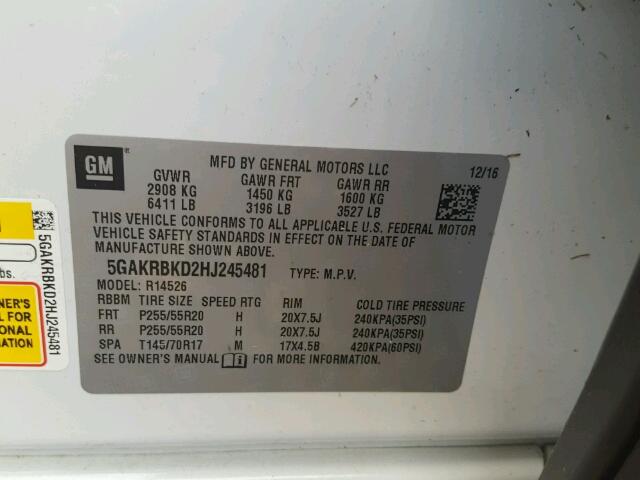 5GAKRBKD2HJ245481 - 2017 BUICK ENCLAVE თეთრი ფოტო 10