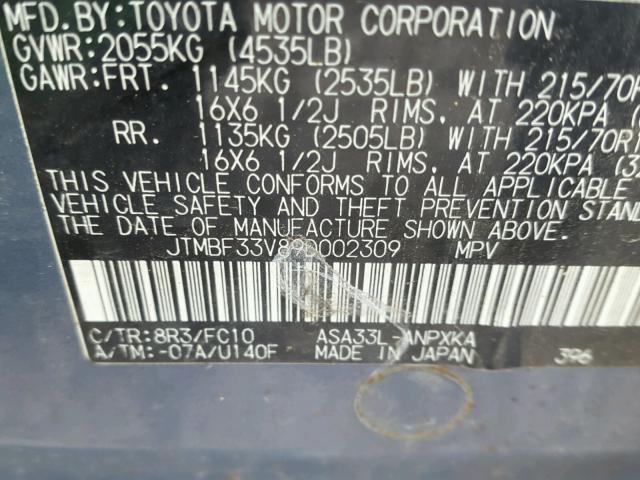 JTMBF33V89D002309 - 2009 TOYOTA RAV4 BLUE photo 10