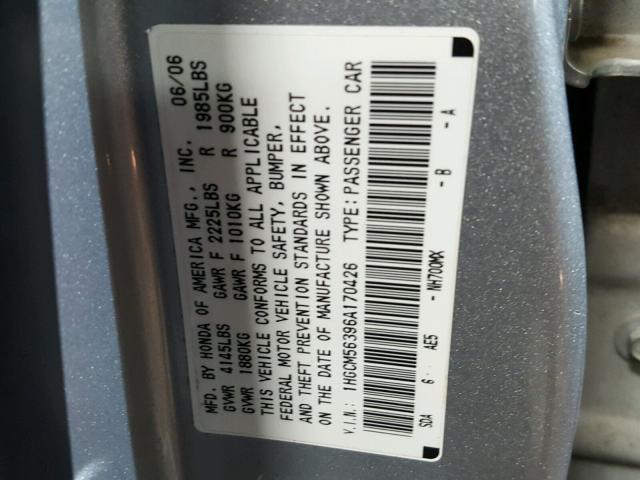 1HGCM56396A170426 - 2006 HONDA ACCORD SE SILVER photo 10