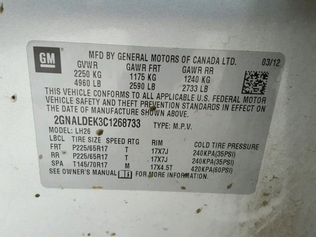 2GNALDEK3C1268733 - 2012 CHEVROLET EQUINOX LT SILVER photo 10