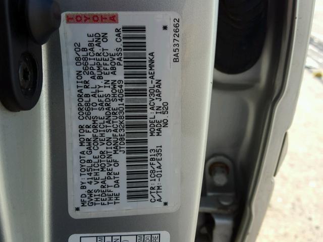 JTDBE32K830140649 - 2003 TOYOTA CAMRY LE SILVER photo 10