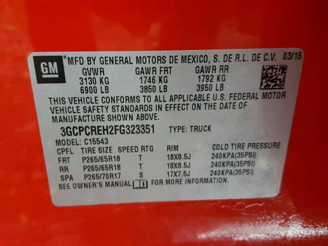 3GCPCREH2FG323351 - 2015 CHEVROLET SILVERADO RED photo 10