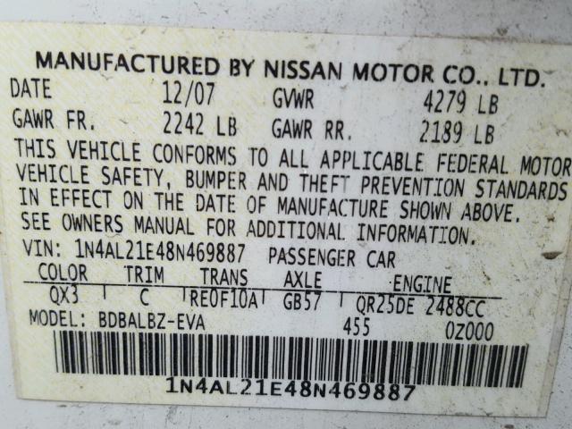 1N4AL21E48N469887 - 2008 NISSAN ALTIMA 2.5 WHITE photo 10