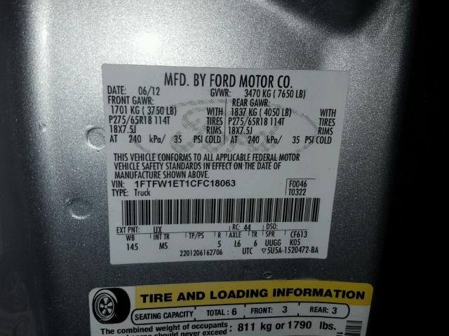 1FTFW1ET1CFC18063 - 2012 FORD F150 SUPER SILVER photo 10