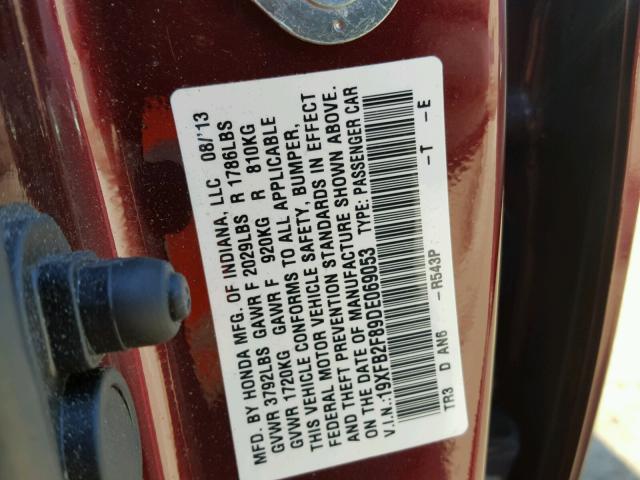 19XFB2F89DE069053 - 2013 HONDA CIVIC EX BURGUNDY photo 10