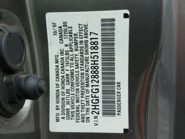 2HGFG12888H518817 - 2008 HONDA CIVIC EX GRAY photo 10