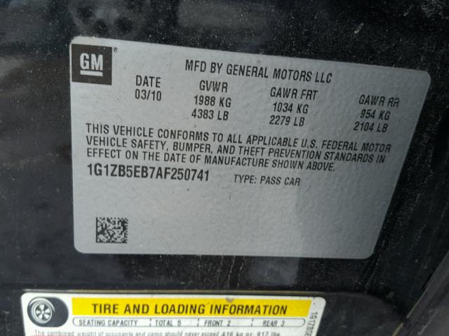 1G1ZB5EB7AF250741 - 2010 CHEVROLET MALIBU LS შავი ფოტო 10