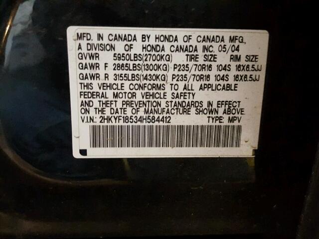 2HKYF18534H584412 - 2004 HONDA PILOT EXL BLACK photo 10