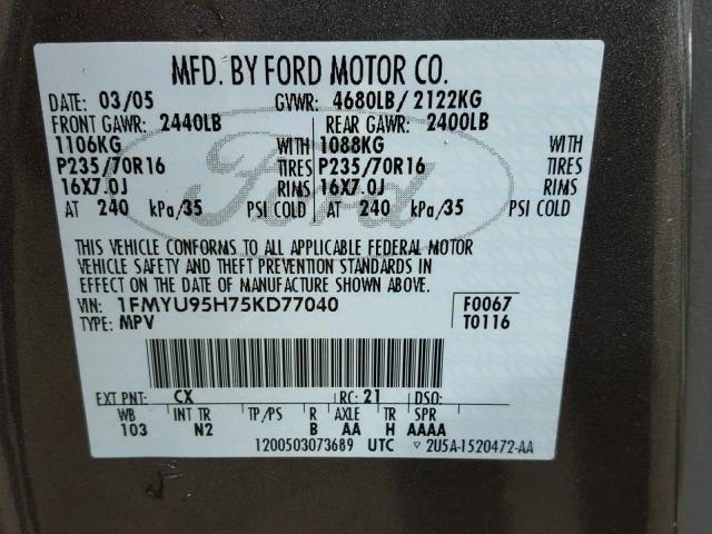 1FMYU95H75KD77040 - 2005 FORD ESCAPE HEV GRAY photo 10