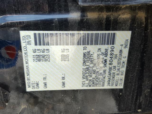 1N4AA5APXBC804890 - 2011 NISSAN MAXIMA S Czarny zdjęcie 10