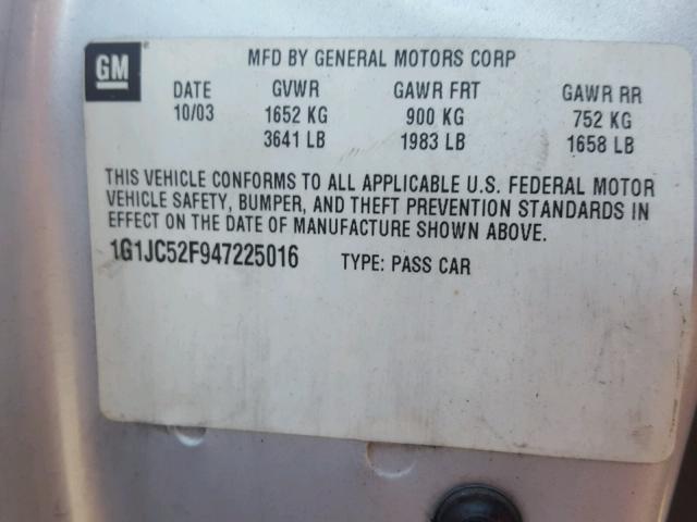 1G1JC52F947225016 - 2004 CHEVROLET CAVALIER GRAY photo 10