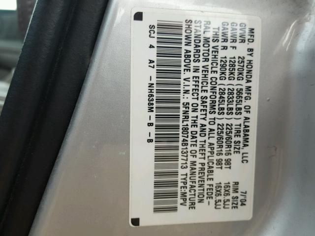 5FNRL18074B137713 - 2004 HONDA ODYSSEY EX SILVER photo 10