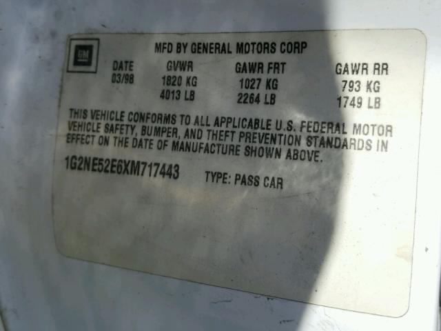 1G2NE52E6XM717443 - 1999 PONTIAC GRAND AM S WHITE photo 10