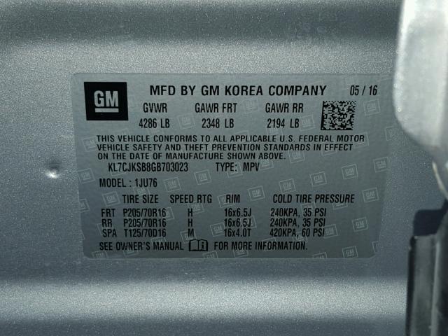 KL7CJKSB8GB703023 - 2016 CHEVROLET TRAX LS SILVER photo 10