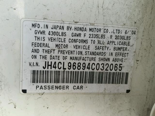 JH4CL96894C032065 - 2004 ACURA TSX WHITE photo 10