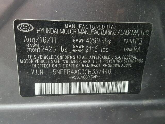 5NPEB4AC3CH357440 - 2012 HYUNDAI SONATA GLS GRAY photo 10