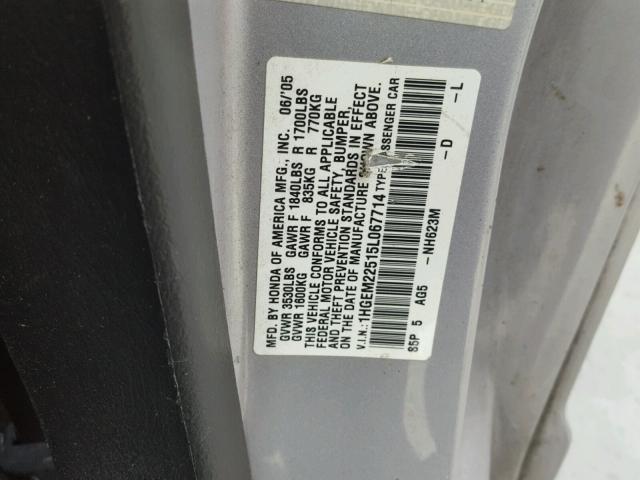 1HGEM22515L067714 - 2005 HONDA CIVIC LX SILVER photo 10