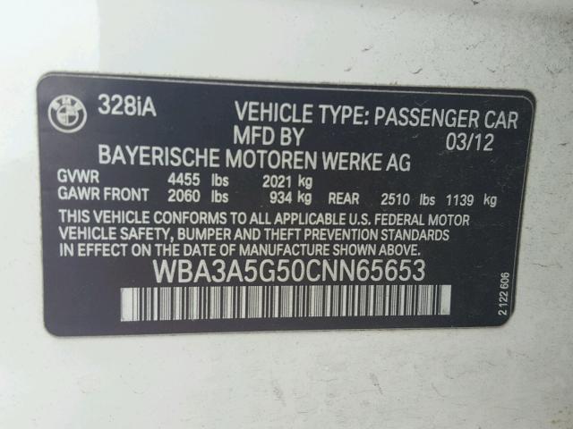 WBA3A5G50CNN65653 - 2012 BMW 328 I WHITE photo 10