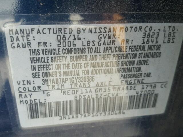 3N1AB7AP1GY330686 - 2016 NISSAN SENTRA S BLUE photo 10