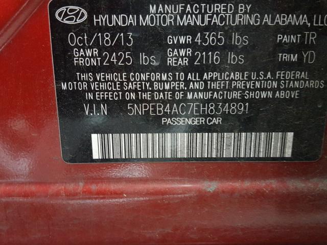 5NPEB4AC7EH834891 - 2014 HYUNDAI SONATA GLS MAROON photo 10