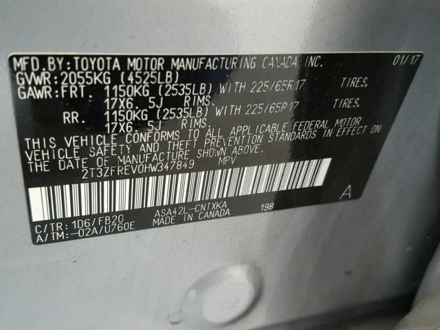 2T3ZFREV0HW347849 - 2017 TOYOTA RAV4 LE Boz foto 10