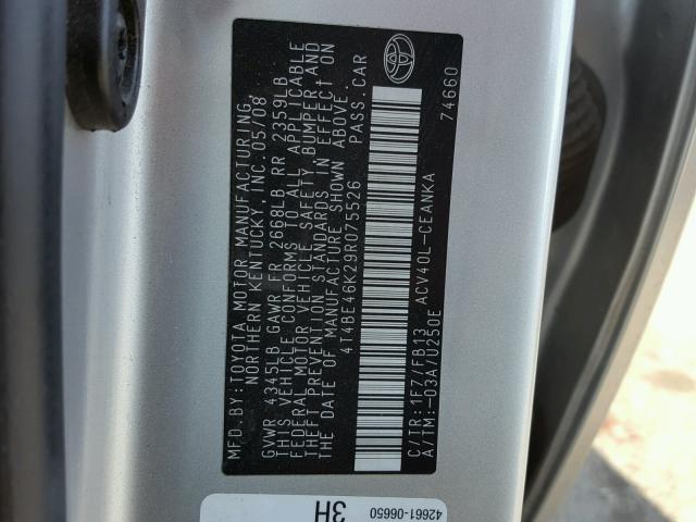 4T4BE46K29R075526 - 2009 TOYOTA CAMRY BASE SILVER photo 10