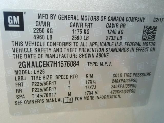 2GNALCEK7H1576084 - 2017 CHEVROLET EQUINOX LT SILVER photo 10