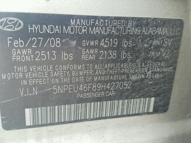 5NPEU46F89H427052 - 2009 HYUNDAI SONATA SE TAN photo 10